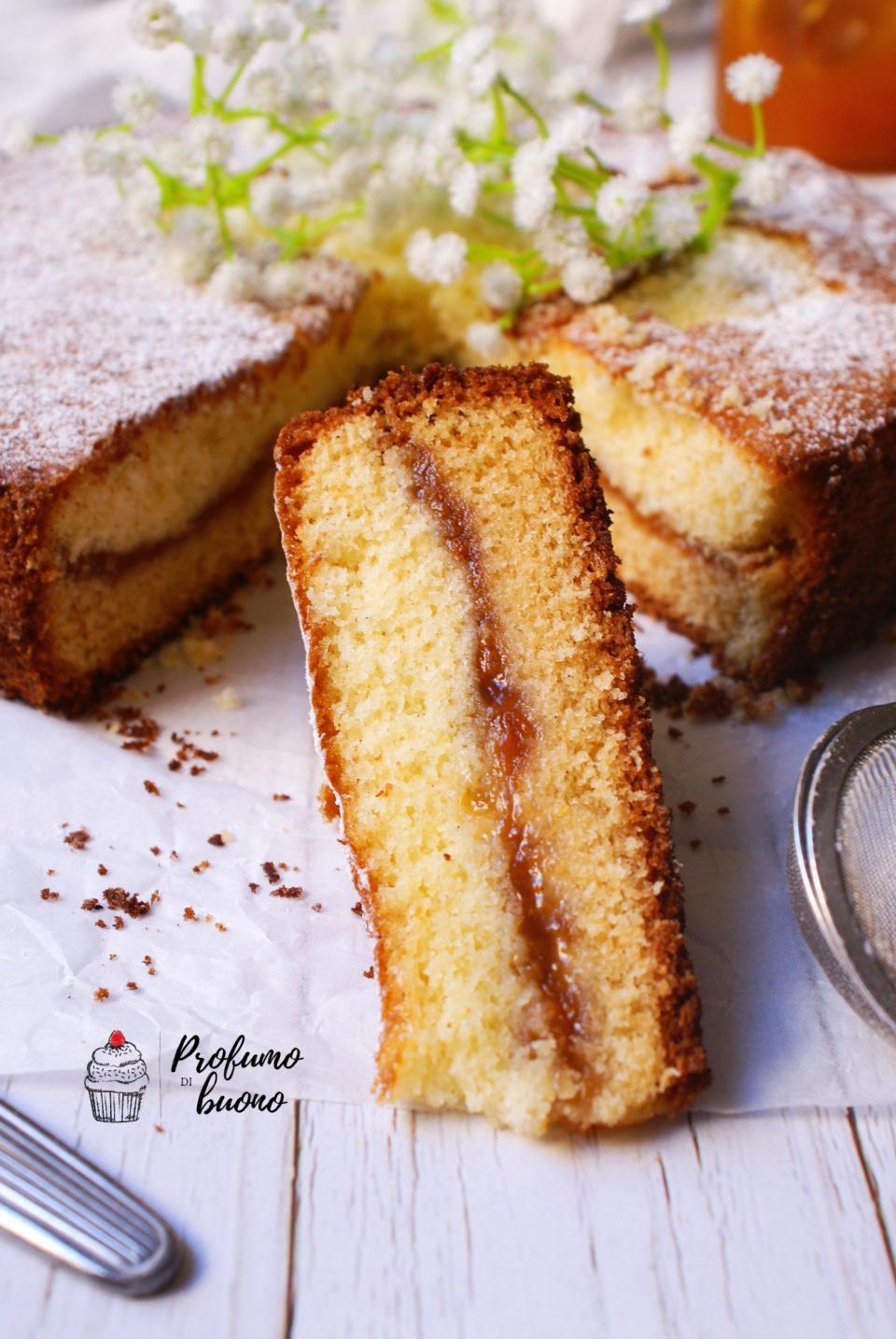 Torta versata senza glutine alla marmellata di albicocche ricoperta di zucchero a velo