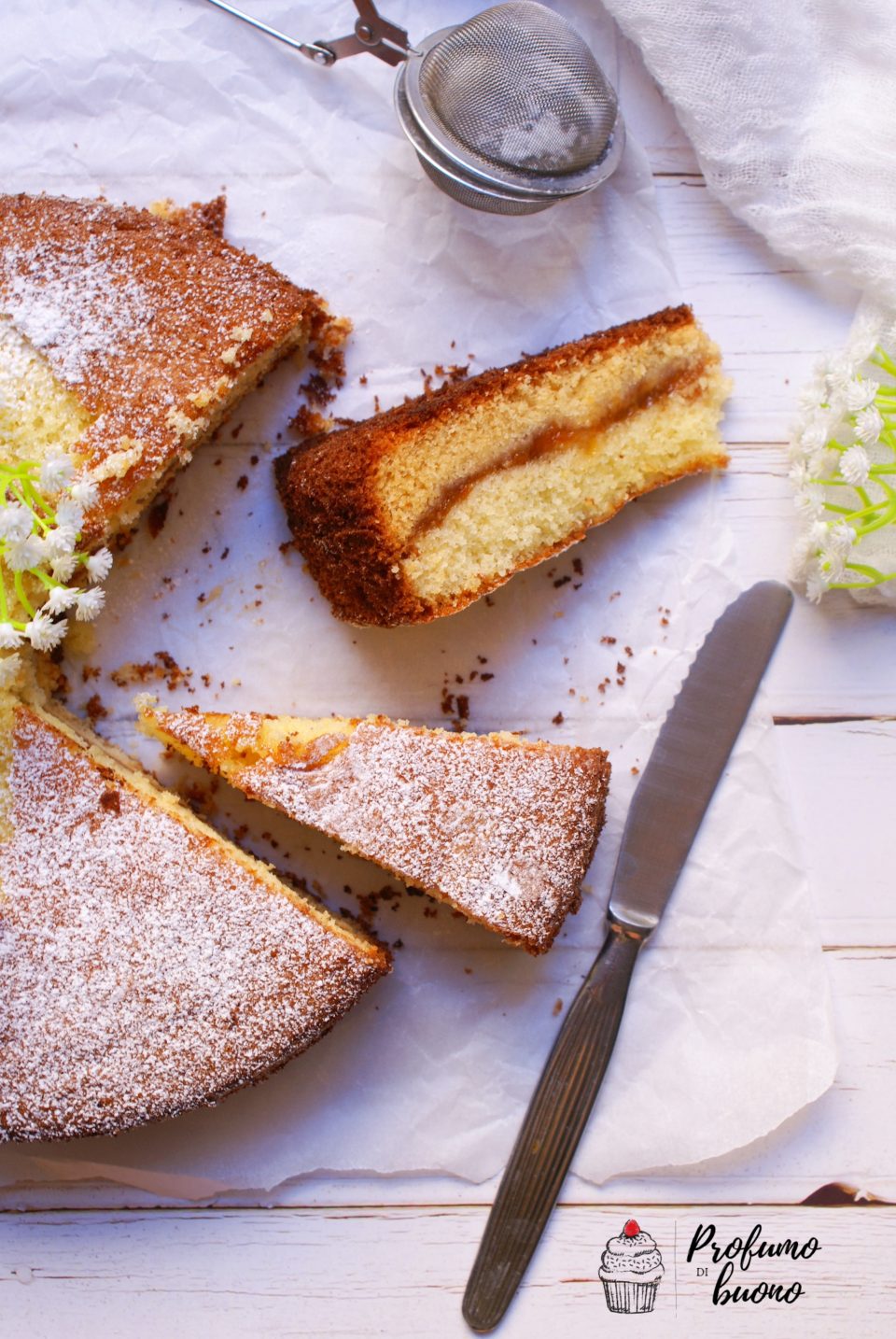 Torta versata senza glutine alla marmellata di albicocche ricoperta di zucchero a velo